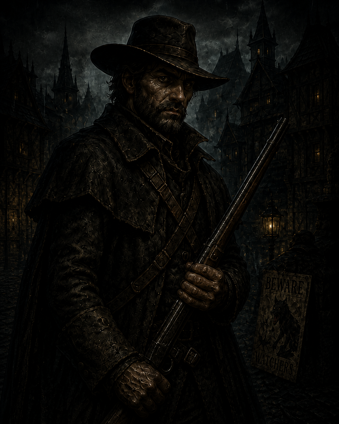 Hunter character art — rifle and village night