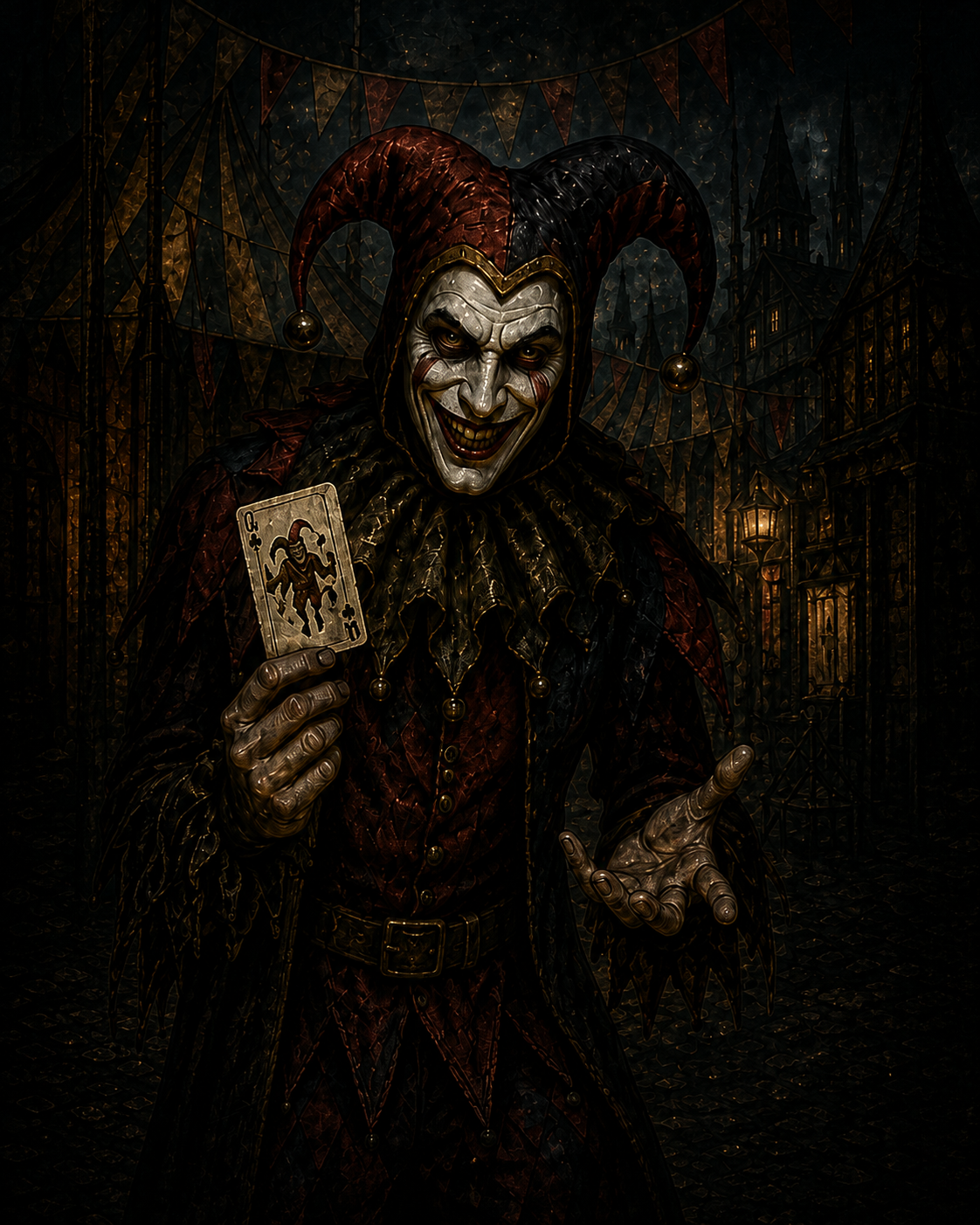 Jester character art — cards and crooked grin
