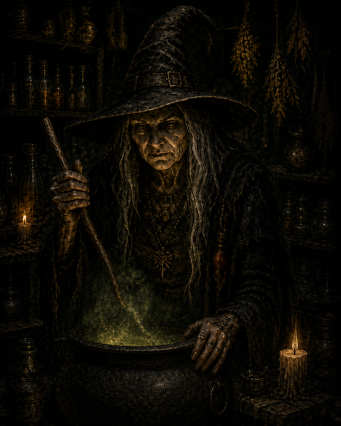 Witch character art — cauldron and green glow