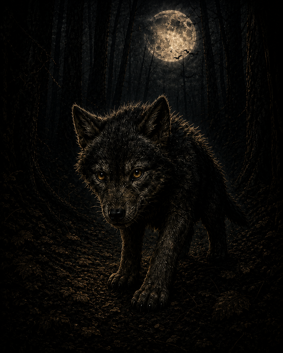 Wolf cub character art — moonlit forest